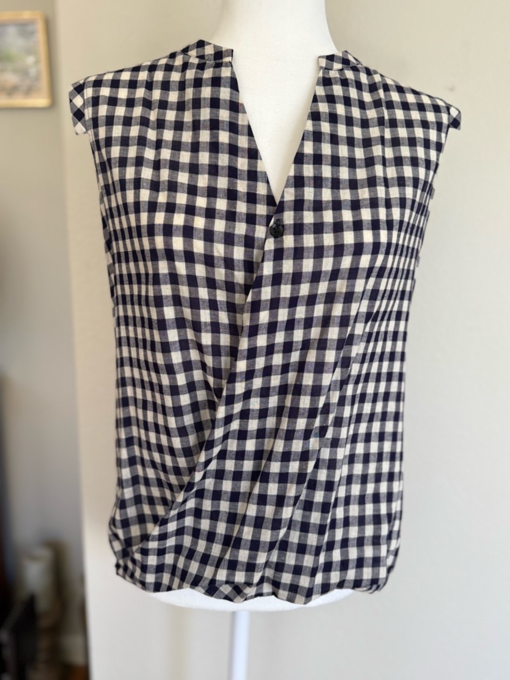 Sleeveless Navy and White Gingham Wrap Blouse